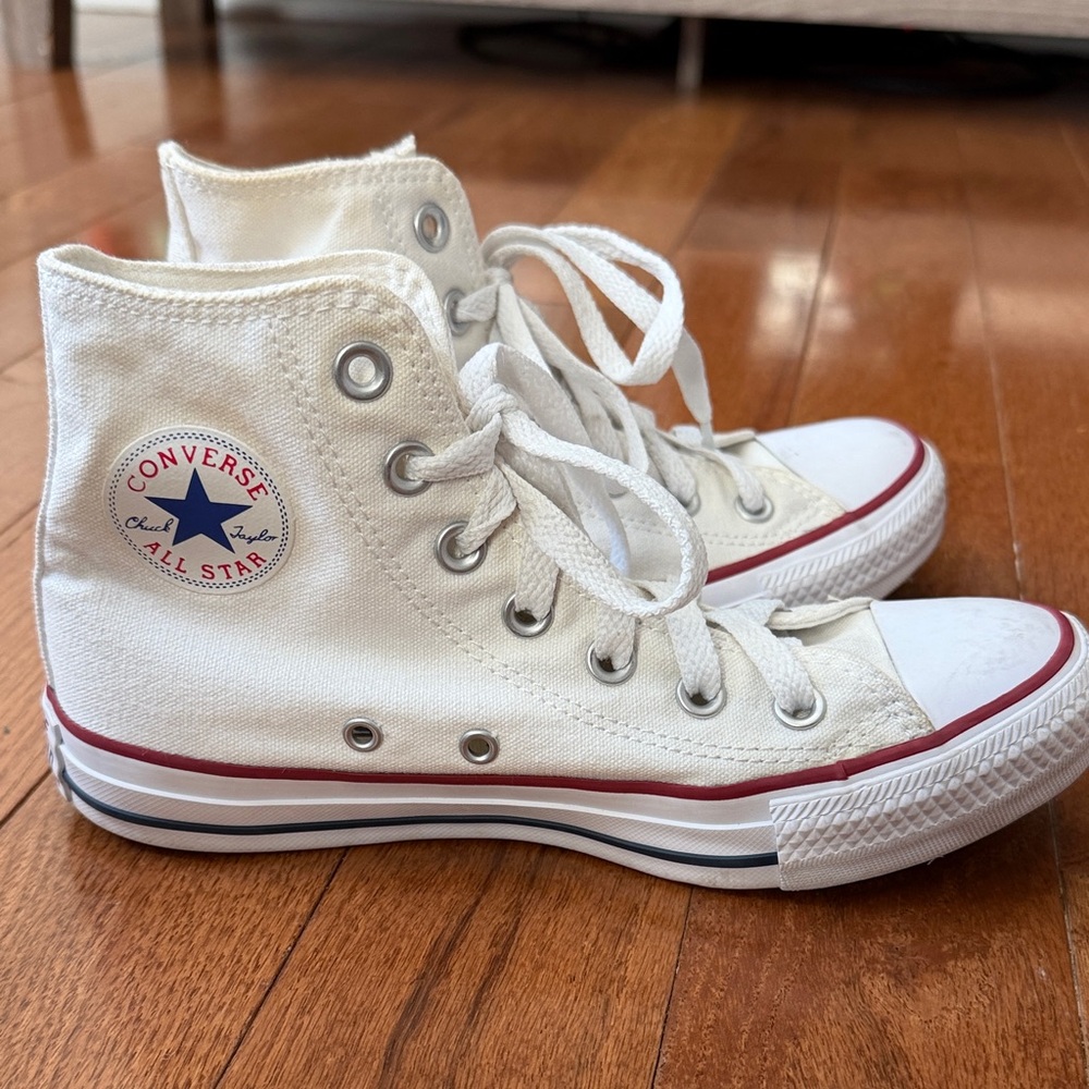 Converse High-Top Sneakers in White with Red and Blue Accents